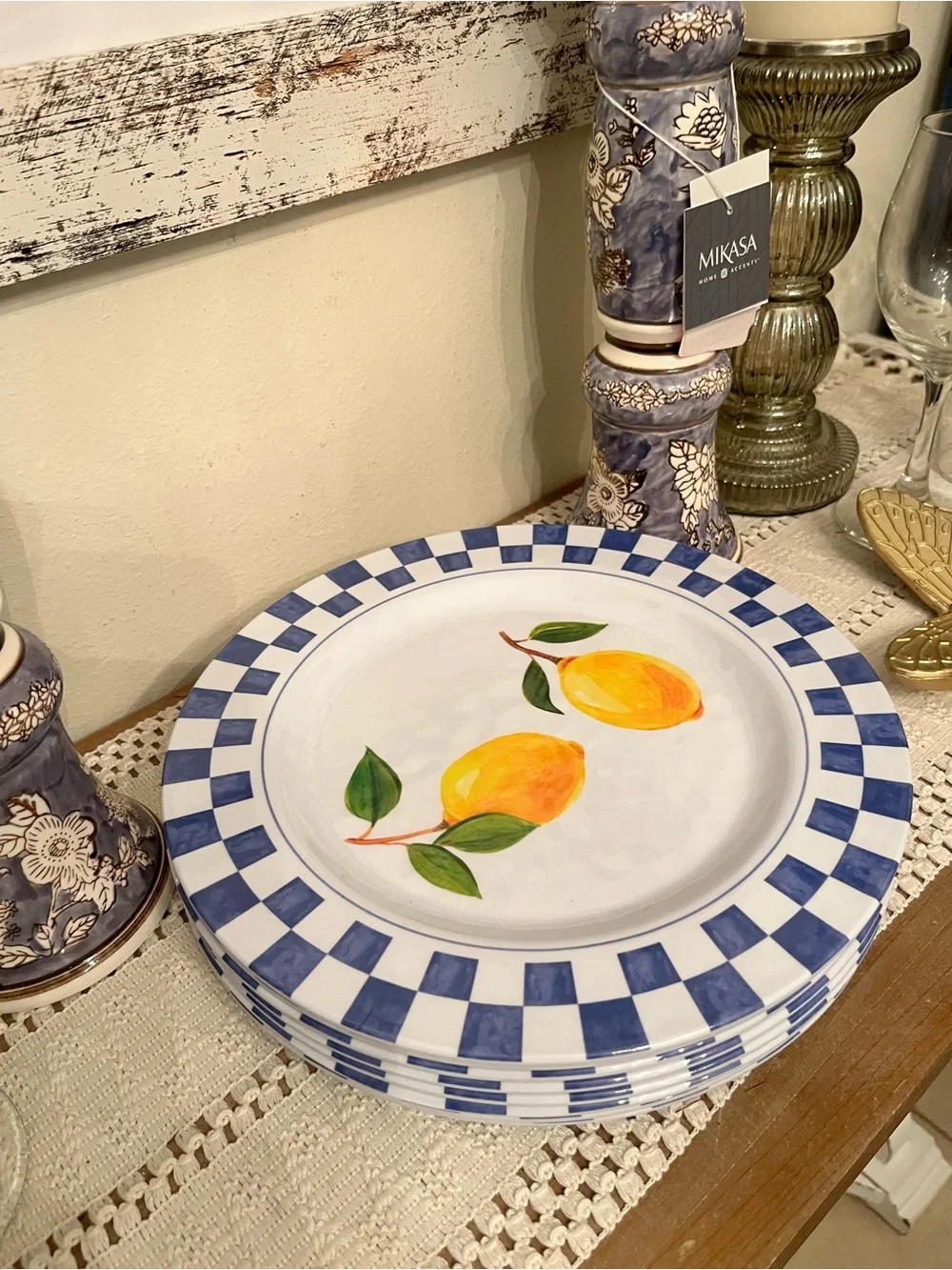 Blue Check & Lemon Melamine Dinner Plate - White/Blue/Yellow